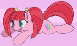 Size: 700x421 | Tagged: safe, artist:treekickerdraws, character:pacific glow, species:earth pony, species:pony, female, mare, prone, smiling, solo, sploot