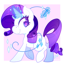 Size: 1000x1000 | Tagged: safe, artist:sharmie, character:rarity, species:pony, species:unicorn, abstract background, colored pupils, female, looking at you, magic, mare, raised hoof, raised leg, sewing needle, smiling, solo, telekinesis