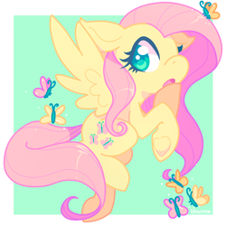 Size: 1000x1000 | Tagged: safe, artist:sharmie, character:fluttershy, species:pegasus, species:pony, butterfly, covering mouth, cute, female, gasping, heart underhoof, looking sideways, mare, open mouth, shyabetes, solo, spread wings, underhoof, wings