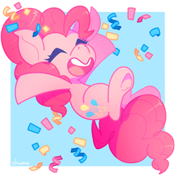 Size: 1000x1000 | Tagged: safe, artist:sharmie, character:pinkie pie, species:earth pony, species:pony, abstract background, confetti, eyes closed, female, happy, mare, smiling, solo