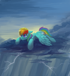 Size: 2800x3000 | Tagged: safe, artist:dragonataxia, character:rainbow dash, species:pegasus, species:pony, backwards cutie mark, cloud, cloudy, cutie mark, female, floppy ears, hooves, lying on a cloud, mare, on a cloud, prone, sad, sky, solo, storm, stormcloud, wings