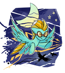 Size: 1652x1857 | Tagged: safe, artist:dragonataxia, character:lightning dust, species:bird, species:pegasus, species:pony, species:raven, abstract background, crescent moon, female, flying, goggles, moon, night, smiling, solo, stars