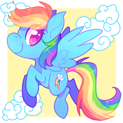 Size: 1000x1000 | Tagged: safe, artist:sharmie, character:rainbow dash, species:pegasus, species:pony, abstract background, cloud, colored pupils, female, flying, looking at you, mare, smiling, solo, spread wings, wings