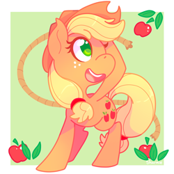 Size: 1000x1000 | Tagged: safe, artist:sharmie, character:applejack, species:earth pony, species:pony, abstract background, apple, colored pupils, female, food, freckles, hoof on head, looking up, mare, open mouth, rope, solo