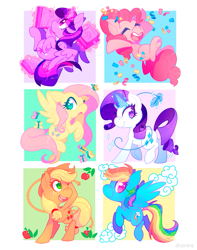Size: 789x1000 | Tagged: safe, artist:sharmie, character:applejack, character:fluttershy, character:pinkie pie, character:rainbow dash, character:rarity, character:twilight sparkle, character:twilight sparkle (alicorn), species:alicorn, species:earth pony, species:pegasus, species:pony, book, clothing, confetti, cowboy hat, cute, female, flying, glowing horn, hat, lasso, magic, mane six, mare, needle, rope, smiling, telekinesis, thread