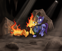Size: 990x825 | Tagged: safe, artist:kalemon, oc, oc only, oc:matchstick flare, oc:shimmercoat, fallout equestria, duo, eye contact, fallout equestria: morality of property, foe yay, glasses, grin, magic, mane of fire, raised hoof, sitting, smiling, underhoof, wide eyes