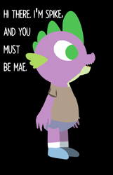 Size: 1447x2246 | Tagged: safe, artist:chiptunebrony, character:spike, species:anthro, species:dragon, clothing, crossover, cute, night in the woods, pants, quote, shirt, shoes, shorts, socks, style emulation, text