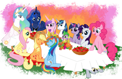 Size: 3456x2260 | Tagged: safe, artist:anscathmarcach, character:applejack, character:derpy hooves, character:fluttershy, character:pinkie pie, character:princess cadance, character:princess celestia, character:princess luna, character:rainbow dash, character:rarity, character:shining armor, character:spike, character:twilight sparkle, species:pegasus, species:pony, female, mane seven, mane six, mare, thanksgiving