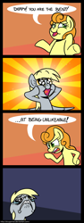 Size: 600x1601 | Tagged: safe, artist:zicygomar, edit, editor:minus, character:carrot top, character:derpy hooves, character:golden harvest, species:earth pony, species:pegasus, species:pony, abuse, bait and switch, blatant lies, comic, cruel, crying, derpybuse, dialogue, dilated pupils, female, mare, mean, open mouth, pure unfiltered evil, sad, shrug, speech bubble, sunburst background, you monster
