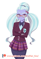 Size: 848x1200 | Tagged: safe, artist:brother-tico, character:sugarcoat, equestria girls:friendship games, g4, my little pony: equestria girls, my little pony:equestria girls, arm under breasts, clothing, crossed arms, crystal prep academy uniform, female, glasses, patreon, patreon logo, raised eyebrow, school uniform, simple background, solo, white background