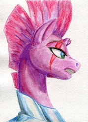 Size: 500x697 | Tagged: safe, artist:kirillk, character:tempest shadow, species:pony, species:unicorn, my little pony: the movie (2017), broken horn, eye scar, female, mare, scar, simple background, solo, traditional art