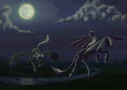 Size: 3508x2480 | Tagged: safe, artist:kirillk, oc, species:bat pony, species:pony, commission, duo, moon, night, river