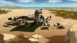 Size: 2560x1440 | Tagged: safe, artist:kirillk, oc, oc only, oc:naro, species:pony, species:zebra, big wings, cape, clothing, looking at you, male, on side, savanna, scenery, shaman, solo, stallion, wings, zebra oc, zebrasus