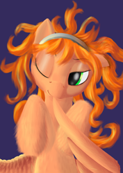 Size: 2893x4092 | Tagged: safe, artist:kirillk, oc, oc only, species:pegasus, species:pony, cute, fluffy, hairband, leg fluff, looking at you, messy mane, one eye closed, solo, wink