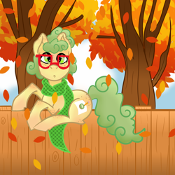 Size: 4000x4000 | Tagged: safe, artist:kiwiscribbles, oc, oc only, oc:kiwi scribbles, autumn, clothing, curly hair, curly mane, fence, freckles, glasses, leaves, scarf, solo, tree