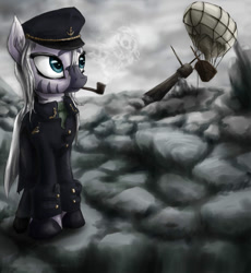 Size: 900x977 | Tagged: safe, artist:rule1of1coldfire, species:zebra, airship, clothing, coat, hat, nightwish, pipe, smoke, smoking, solo, somber, the islander, uniform
