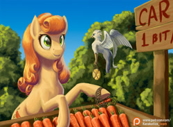 Size: 1230x900 | Tagged: safe, artist:kirillk, character:carrot top, character:golden harvest, oc, oc:der, species:earth pony, species:griffon, species:pony, carrot, coin, female, food, mare, micro, patreon, patreon logo, sign, smiling