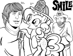 Size: 3300x2550 | Tagged: safe, artist:tygerbug, character:pinkie pie, species:human, species:pony, brian wilson, clothing, coloring book, coloring page, firefighter helmet, firefighter pinkie pie, hat, microphone, mike love, monochrome, music, musician, shrug, singing, smile song, the beach boys