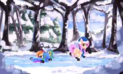 Size: 3726x2250 | Tagged: safe, artist:thefloatingtree, character:fluttershy, character:rainbow dash, species:pegasus, species:pony, beanie, clothing, cute, female, forest, frown, hat, ice, ice skating, mare, prone, raised hoof, raised leg, scenery, sliding, smiling, snow, tree, wide eyes, winter