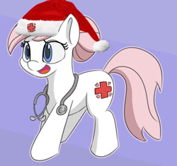 Size: 800x752 | Tagged: safe, alternate version, artist:treekickerdraws, edit, character:nurse redheart, species:pony, adorable face, adoredheart, christmas, clothing, cute, female, funny, hat, heartabetes, holiday, mare, open mouth, purple background, santa hat, simple background, smiling, solo, stethoscope