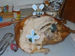 Size: 864x648 | Tagged: safe, artist:eratosofcyrene, cooked, dead, food, irl, parasprite, thanksgiving, turkey