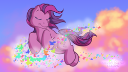 Size: 1920x1080 | Tagged: safe, artist:anscathmarcach, character:sky wishes, episode:dancing in the clouds, g3, butterfly, complex background, female, flying, sky, solo, sunset