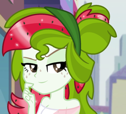 Size: 1222x1103 | Tagged: safe, artist:monkfishyadopts, base used, oc, oc only, oc:watermelana, my little pony:equestria girls, city, freckles, solo, thinking