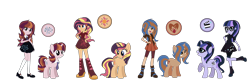 Size: 2600x856 | Tagged: safe, artist:thepegasisterpony, base used, oc, oc:arpeggio twinkle, oc:everfree shine, oc:silver screen, oc:twilight stardust, parent:sci-twi, parent:sonata dusk, parent:sunset shimmer, parents:scitwishimmer, parents:sunata, species:pony, my little pony:equestria girls, cutie mark background, cutie mark on clothes, equestria girls ponified, family, female, half-siblings, hand on hip, magical lesbian spawn, offspring, parent:juniper montage, ponified, siblings, simple background, sisters, transparent background