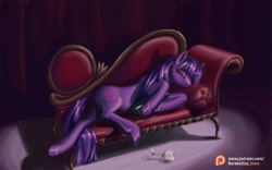 Size: 1440x900 | Tagged: safe, artist:kirillk, character:twilight sparkle, character:twilight sparkle (unicorn), species:pony, species:unicorn, alcohol, couch, drunk, drunk twilight, eyes closed, female, glass, mare, patreon, patreon logo, sleeping, smiling, solo, wallpaper, wine glass