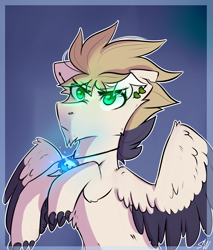 Size: 1341x1573 | Tagged: safe, artist:sugarstar, oc, oc only, species:pegasus, species:pony, claws, ear piercing, earring, glowing eyes, jewelry, magic, male, pendant, piercing, simple background, solo, stallion, wings