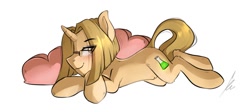 Size: 1280x575 | Tagged: safe, artist:sugarstar, oc, oc only, oc:alex, species:pony, blushing, crossed hooves, glasses, heart, horn, looking at you, lying down, male, pillow, sexy, simple background, smiling, solo, stallion, transparent background