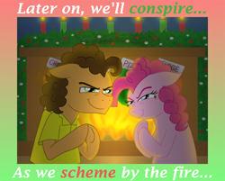 Size: 1800x1450 | Tagged: safe, artist:crazynutbob, character:cheese sandwich, character:pinkie pie, berries, candle, candlelight, clothing, devious, devious smile, evil grin, fire, fireplace, grin, hearth's warming, narrowed eyes, plotting, pure unfiltered evil, rubbing hooves, smiling, song parody, stockings