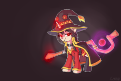 Size: 3000x2000 | Tagged: safe, artist:sugarstar, species:pony, species:unicorn, cloak, clothing, collar, costume, crossover, dress, female, hat, horn, konosuba, looking at you, magic, mare, megumin, ponified, simple background, skirt, smiling, socks, solo, staff, standing
