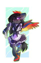 Size: 1951x3000 | Tagged: safe, artist:sugarstar, oc, oc only, species:pegasus, species:pony, clothing, colored wings, commission, crossover, fangs, female, looking at you, maid, mare, multicolored wings, one eye closed, rainbow wings, simple background, smiling, solo, standing, wings, wink