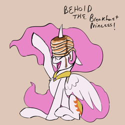 Size: 1280x1280 | Tagged: safe, artist:veesocks, character:princess celestia, species:alicorn, species:pony, 30 minute art challenge, chest fluff, curved horn, cute, cutelestia, dialogue, eyes closed, female, floppy ears, food, gray background, horn impalement, i'm pancake, majestic as fuck, mare, missing accessory, open mouth, pancakes, pink mane, pink-mane celestia, sillestia, silly, silly pony, simple background, sitting, smiling, solo, spread wings, syrup, wings
