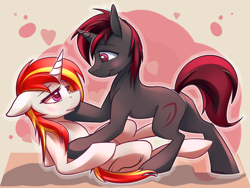 Size: 3000x2250 | Tagged: safe, artist:fanch1, oc, oc only, oc:yashn, species:pony, species:unicorn, bedroom eyes, blushing, eye contact, female, holding head, holding hooves, looking at each other, love, lying down, male, on back, shipping, straight