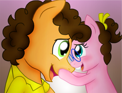 Size: 1801x1370 | Tagged: safe, artist:crazynutbob, character:cheese sandwich, oc, oc:fudge fondue, parent:cheese sandwich, parent:pinkie pie, parents:cheesepie, bucktooth, eye contact, father and daughter, female, filly, forehead touch, glasses, gradient background, hair ribbon, looking at each other, male, next generation, offspring, ponytail, simple background, touching face