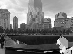 Size: 2592x1936 | Tagged: safe, artist:adrianimpalamata, character:applejack, species:human, species:pony, 9/11, black and white, grayscale, irl, national september 11th memorial, new york, new york city, photo, ponies in real life, vector