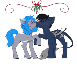 Size: 3616x3000 | Tagged: safe, artist:sugarstar, oc, oc only, species:earth pony, species:pegasus, species:pony, blushing, commission, eyes closed, female, hoof hold, kissing, leonine tail, male, mare, mistletoe, simple background, stallion, standing, straight, white background, wings