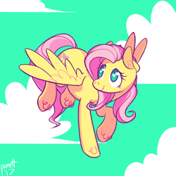 Size: 1280x1280 | Tagged: safe, artist:ponett, character:fluttershy, species:pegasus, species:pony, cloud, cute, ear fluff, female, flying, head turn, heart, heart eyes, looking away, mare, shyabetes, smiling, solo, spread wings, wingding eyes, wings
