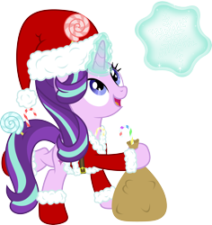 Size: 2907x3077 | Tagged: safe, artist:livehotsun, character:starlight glimmer, species:pony, species:unicorn, candy, candy cane, christmas, clothing, costume, cute, female, food, glimmerbetes, glowing horn, hat, high res, holiday, magic, mare, sack, santa costume, santa hat, santa sack, simple background, snow, snowflake, solo, telekinesis, transparent background, vector