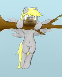 Size: 1791x2191 | Tagged: safe, artist:pzkratzer, character:derpy hooves, species:pegasus, species:pony, belly button, bird nest, egg, flying, hang in there, hanging, nest, tree, tree branch