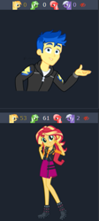 Size: 297x661 | Tagged: safe, artist:flashimmer, artist:keronianniroro, character:flash sentry, character:sunset shimmer, derpibooru, ship:flashimmer, episode:best trends forever, g4, my little pony: equestria girls, my little pony:equestria girls, alternate hairstyle, boots, clothing, cute, female, geode of empathy, high heel boots, looking at you, magical geodes, male, meta, peace sign, shimmerbetes, shipping, shoes, simple background, skirt, smiling, solo, straight, transparent background, vector
