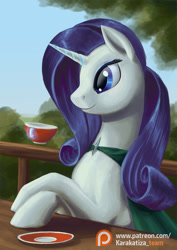 Size: 636x900 | Tagged: safe, artist:kirillk, character:rarity, species:pony, species:unicorn, cape, clothing, cup, female, glowing horn, magic, mare, patreon, patreon logo, pin, saucer, sky, solo, table, teacup, telekinesis, tree