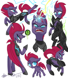 Size: 480x550 | Tagged: safe, artist:creeate97, character:fizzlepop berrytwist, character:tempest shadow, species:pony, species:unicorn, my little pony: the movie (2017), armor, broken horn, eye scar, female, filly, filly tempest shadow, lightning, magic, mare, obsidian orb, petrification, scar, simple background, sparking horn, white background, younger