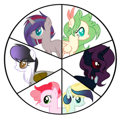 Size: 1024x1001 | Tagged: dead source, safe, artist:marielle5breda, oc, oc only, oc:apple candy, oc:dark drop, oc:dark galaxy, oc:nature, oc:purple note, oc:singing apple, parent:applejack, parent:captain celaeno, parent:coloratura, parent:flim, parent:fluttershy, parent:gilda, parent:octavia melody, parent:pharynx, parent:pinkie pie, parent:princess luna, parent:tempest shadow, parent:vinyl scratch, parents:flimpie, parents:lunarynx, parents:rarajack, species:changepony, species:hippogriff, species:pony, my little pony: the movie (2017), colored sclera, female, magical lesbian spawn, mare, offspring, red eyes, simple background, transparent background