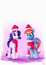 Size: 3150x4388 | Tagged: safe, artist:thefloatingtree, character:rainbow dash, character:rarity, species:pegasus, species:pony, species:unicorn, christmas, clothing, female, hat, holiday, mare, raised hoof, santa hat, scarf, smiling