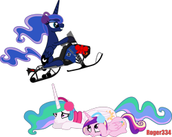 Size: 3210x2555 | Tagged: safe, artist:roger334, character:princess cadance, character:princess celestia, character:princess luna, species:alicorn, species:pony, episode:hearth's warming eve, g4, my little pony: friendship is magic, female, holiday, simple background, snowmobile, transparent background, vector, winter
