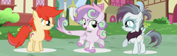 Size: 1024x328 | Tagged: safe, artist:marielle5breda, oc, oc only, oc:candymaker, oc:feather, oc:swirl, parent:apple bloom, parent:gabby, parent:scootaloo, parent:spike, parent:sweetie belle, parent:twist, parents:gabbyloo, parents:spikebelle, parents:twistbloom, species:dracony, species:hippogriff, female, filly, hybrid, interspecies offspring, magical lesbian spawn, offspring
