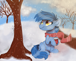 Size: 2500x2000 | Tagged: safe, artist:veesocks, oc, oc only, oc:blueberry, species:earth pony, species:pony, bare tree, chocolate, clothing, food, hot chocolate, scarf, solo, tree, winter